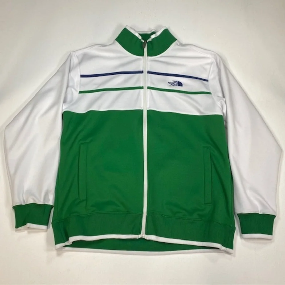 The North Face Mens XL Colorblock Track Jacket Green White Full Zip‎ Mock Neck
